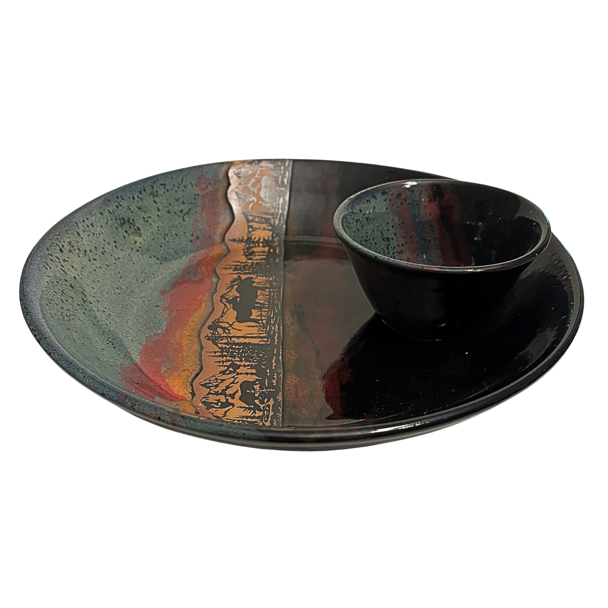 Jasper Wilderness handmade ceramic chip and dip platter with moose and mountain silhouette, accented by green, red, and black multicolor glaze.