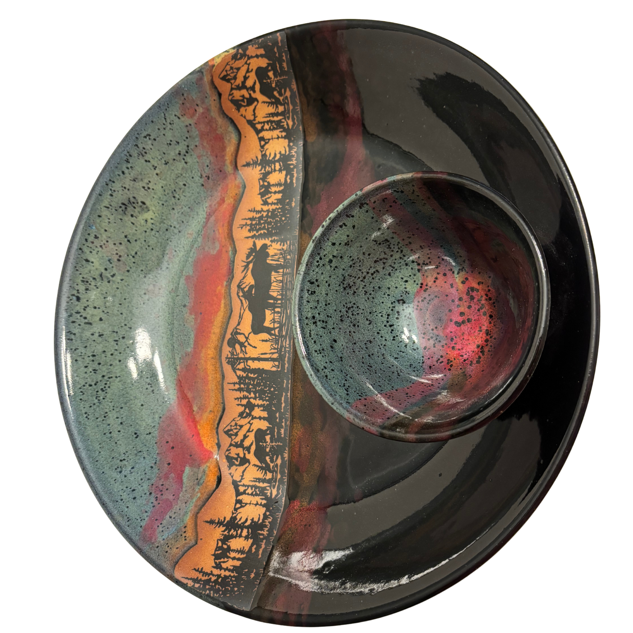 Jasper Wilderness handmade ceramic chip and dip platter with moose and mountain silhouette, accented by green, red, and black multicolor glaze.