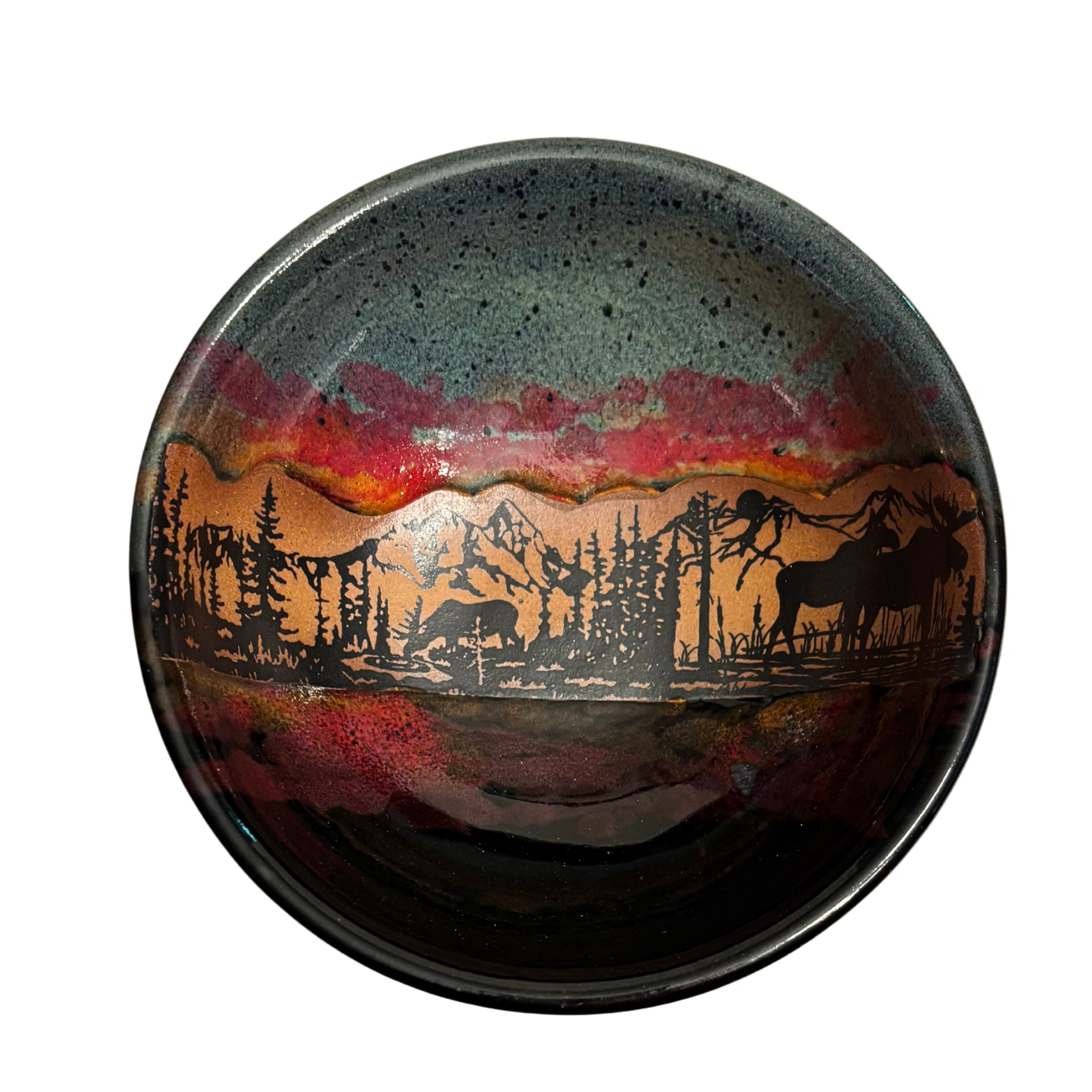 asper Wilderness handmade ceramic salad bowl with green and red glaze featuring elk and mountain forest silhouette design.