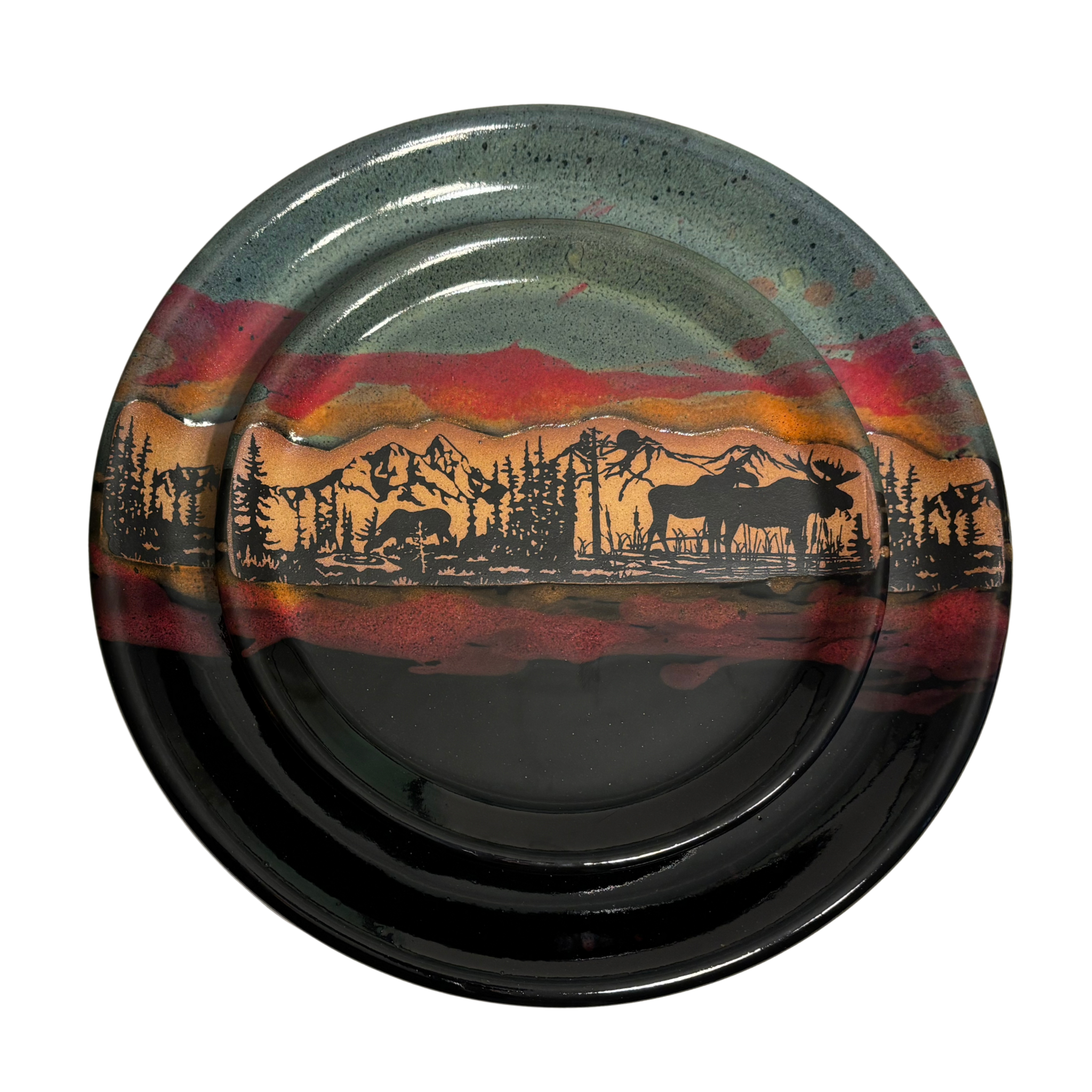 Jasper Wilderness Horizon handmade ceramic dinner & salad plates with forest, moose, and mountain silhouette on red, gold, and blue glaze.