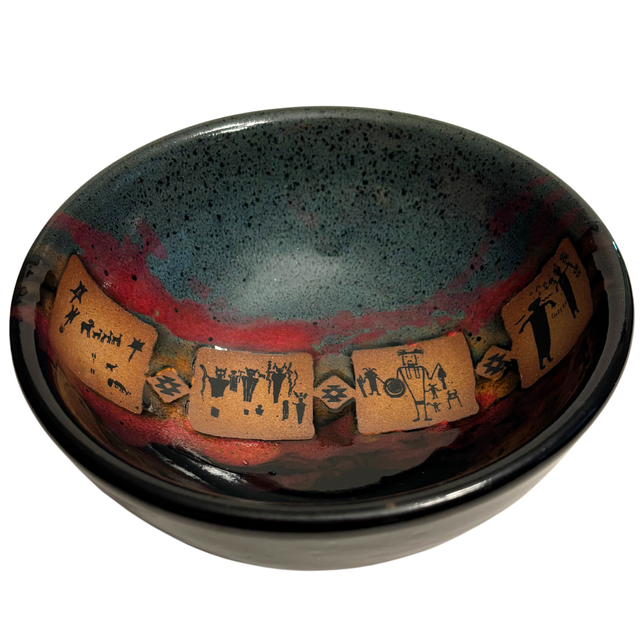 Lost Cities handmade ceramic salad bowl with dark glaze and ancient petroglyph tile design in earthy tones.