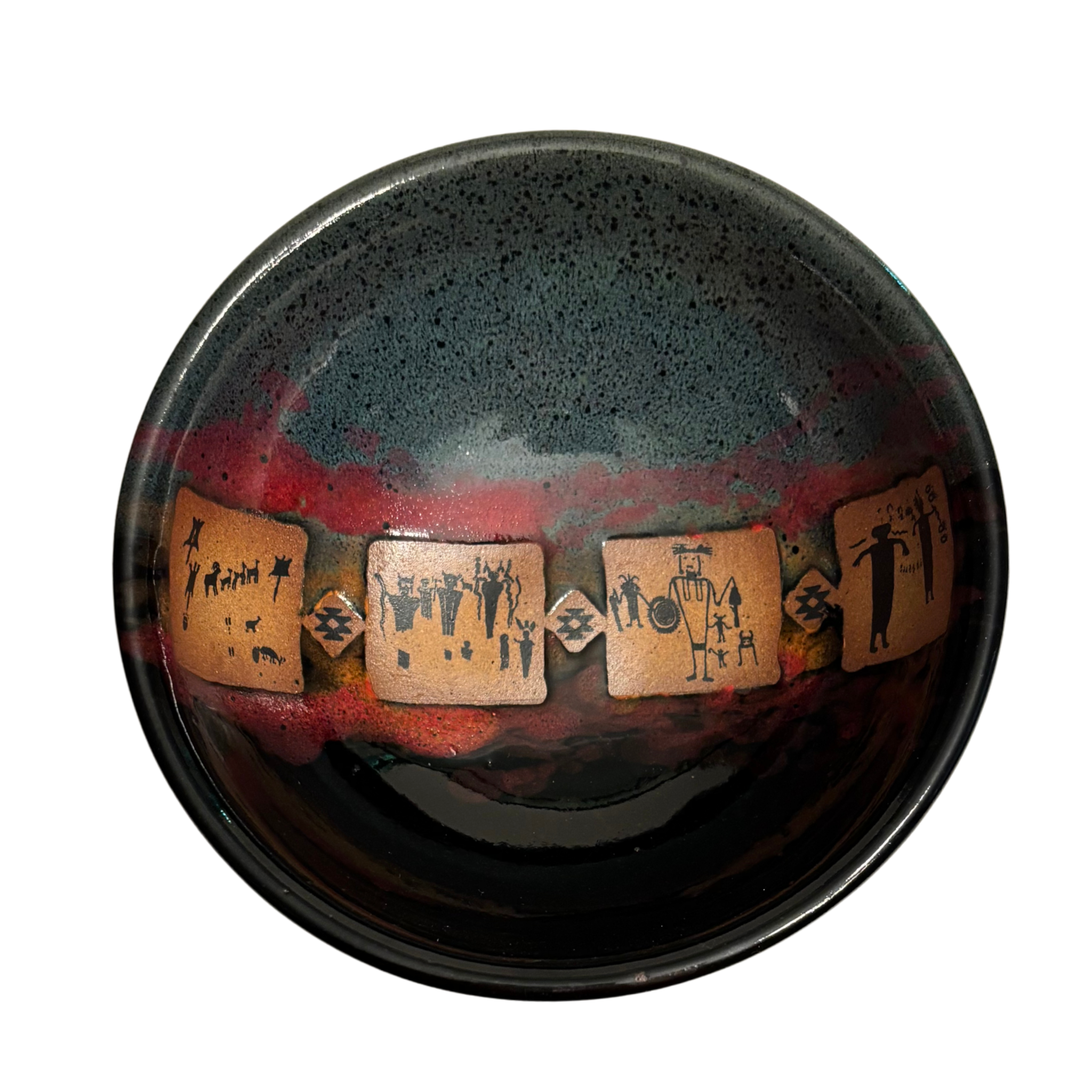 Lost Cities handmade ceramic salad bowl with dark glaze and ancient petroglyph tile design in earthy tones.