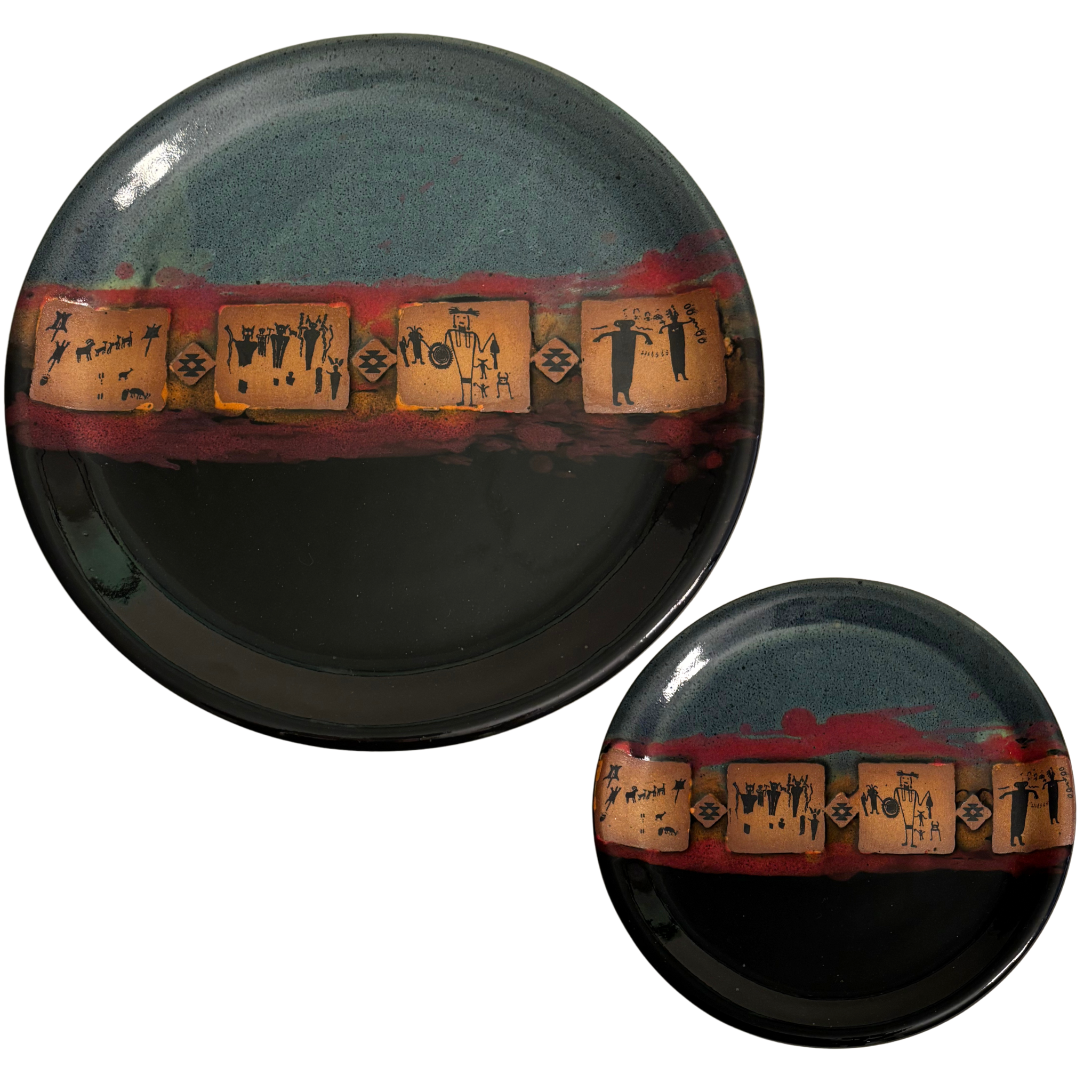 Handmade ceramic dinner & salad plate set, blue-black glaze with red band and tan glyph tiles.