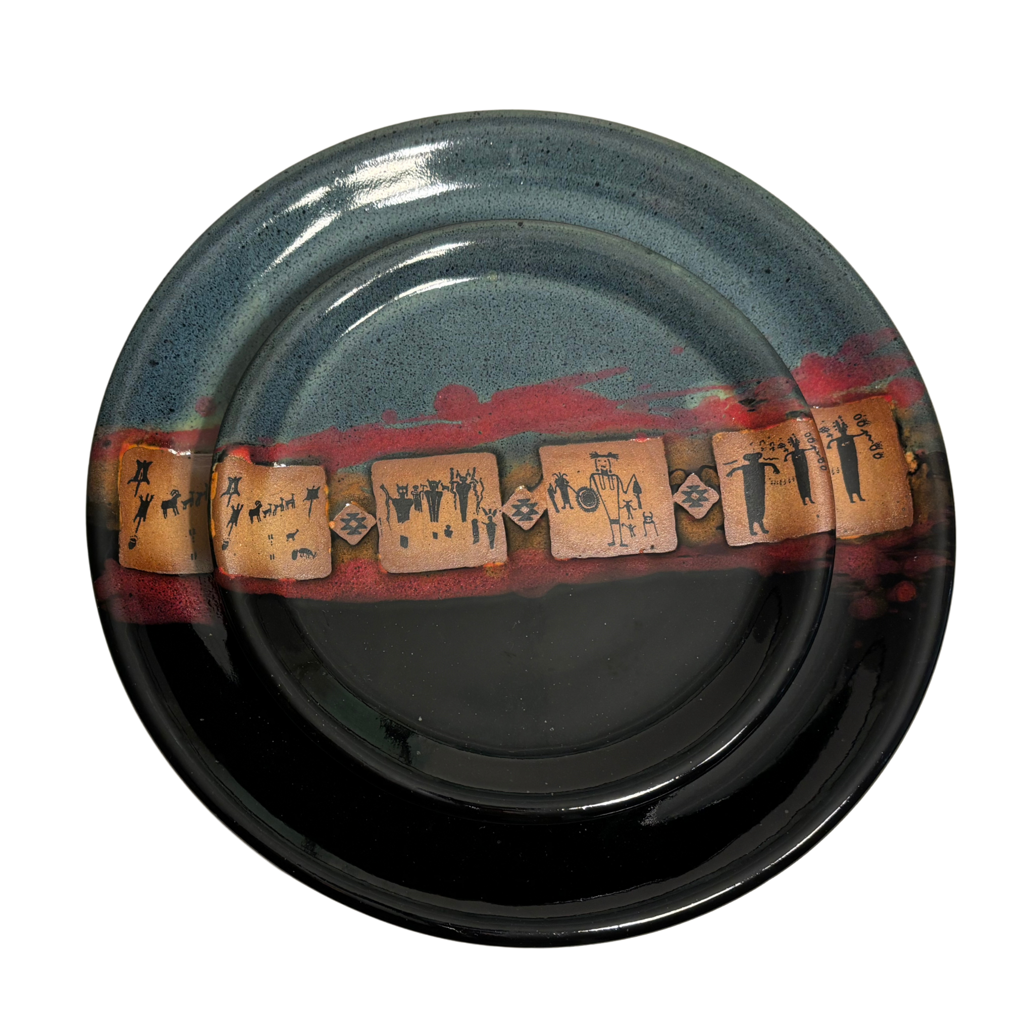 Handmade ceramic dinner & salad plate set, blue-black glaze with red band and tan glyph tiles.