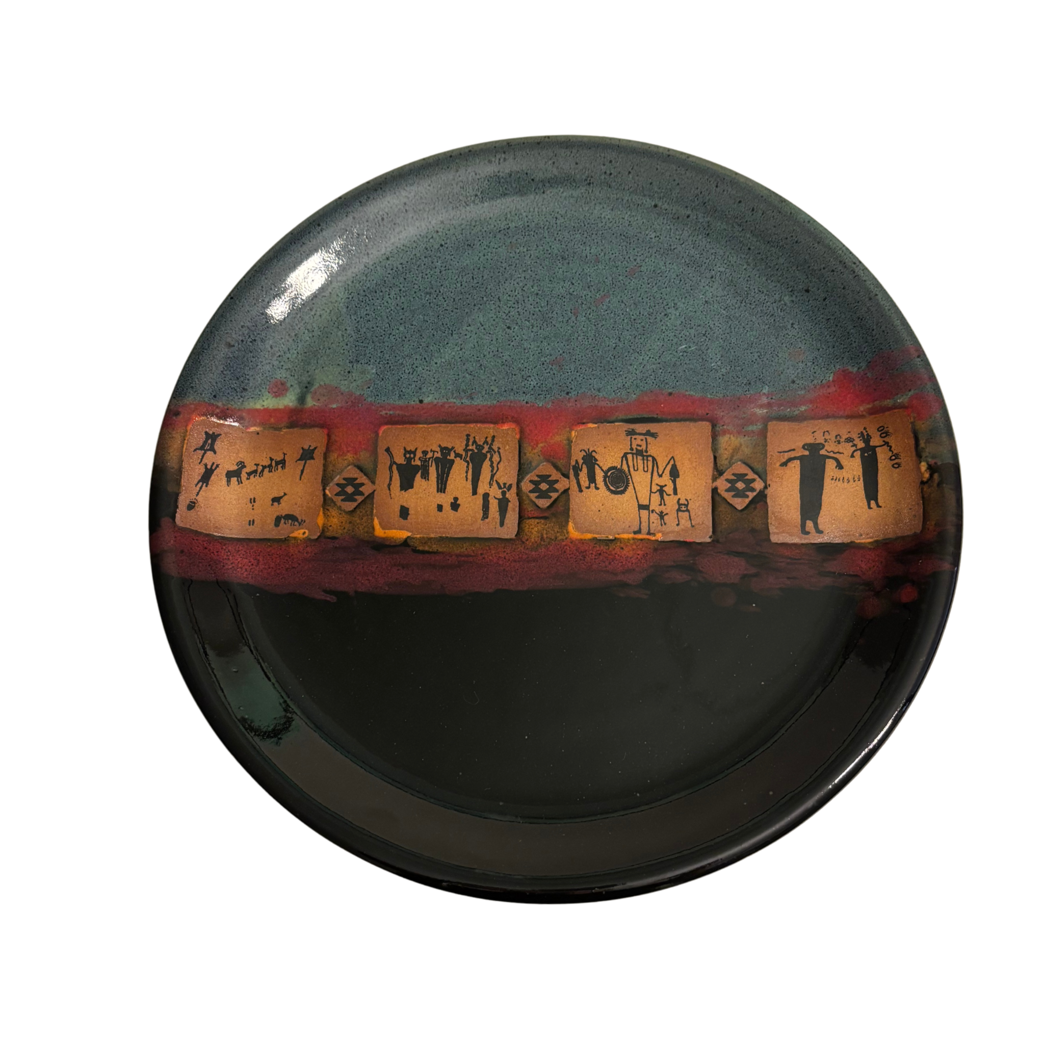 Handmade ceramic dinner & salad plate set, blue-black glaze with red band and tan glyph tiles.