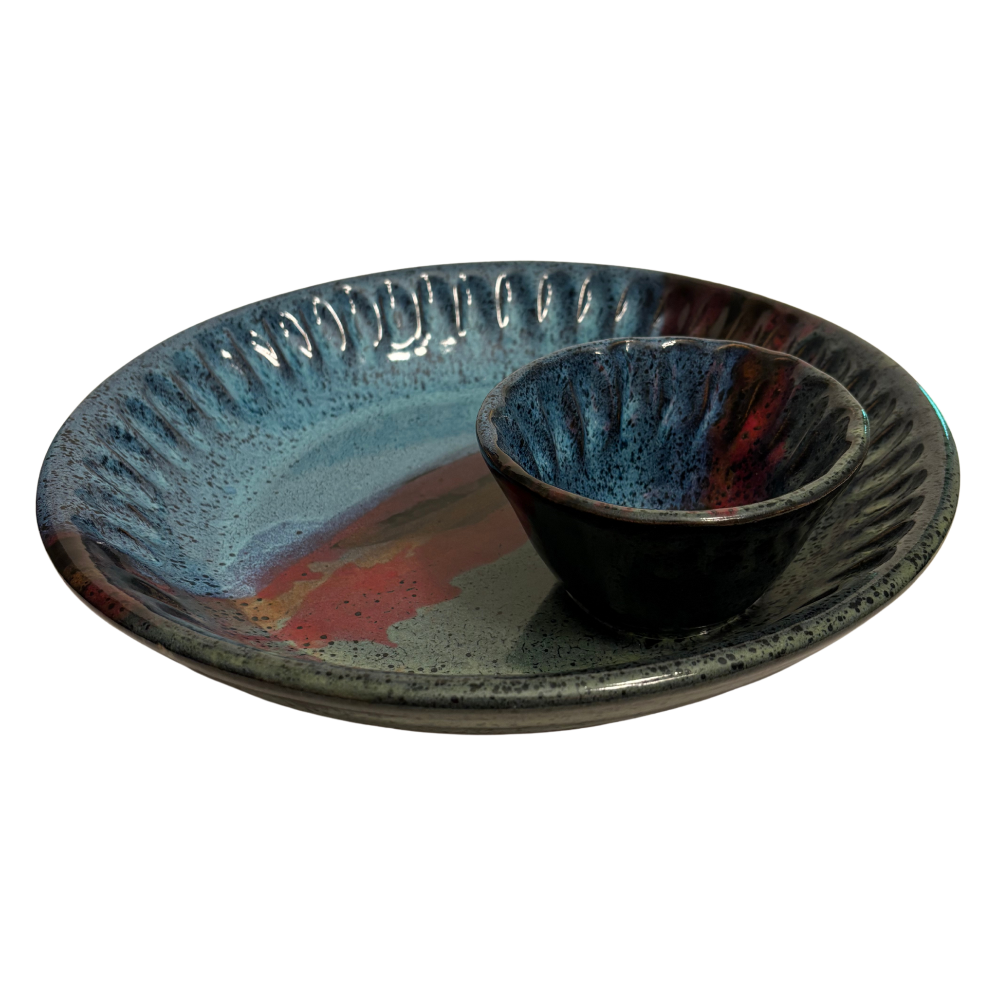 Mountain Dusk handmade ceramic chip and dip platter with layered blue, red, and earthy glazes creating a serene mountain sunset effect.