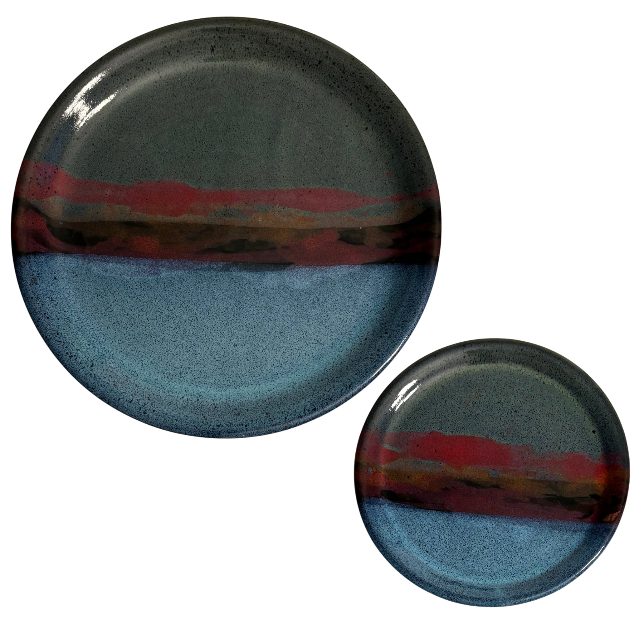 Mountain Dusk handmade ceramic dinner & salad plates with blue, red, and earthy glaze resembling mountain horizon.