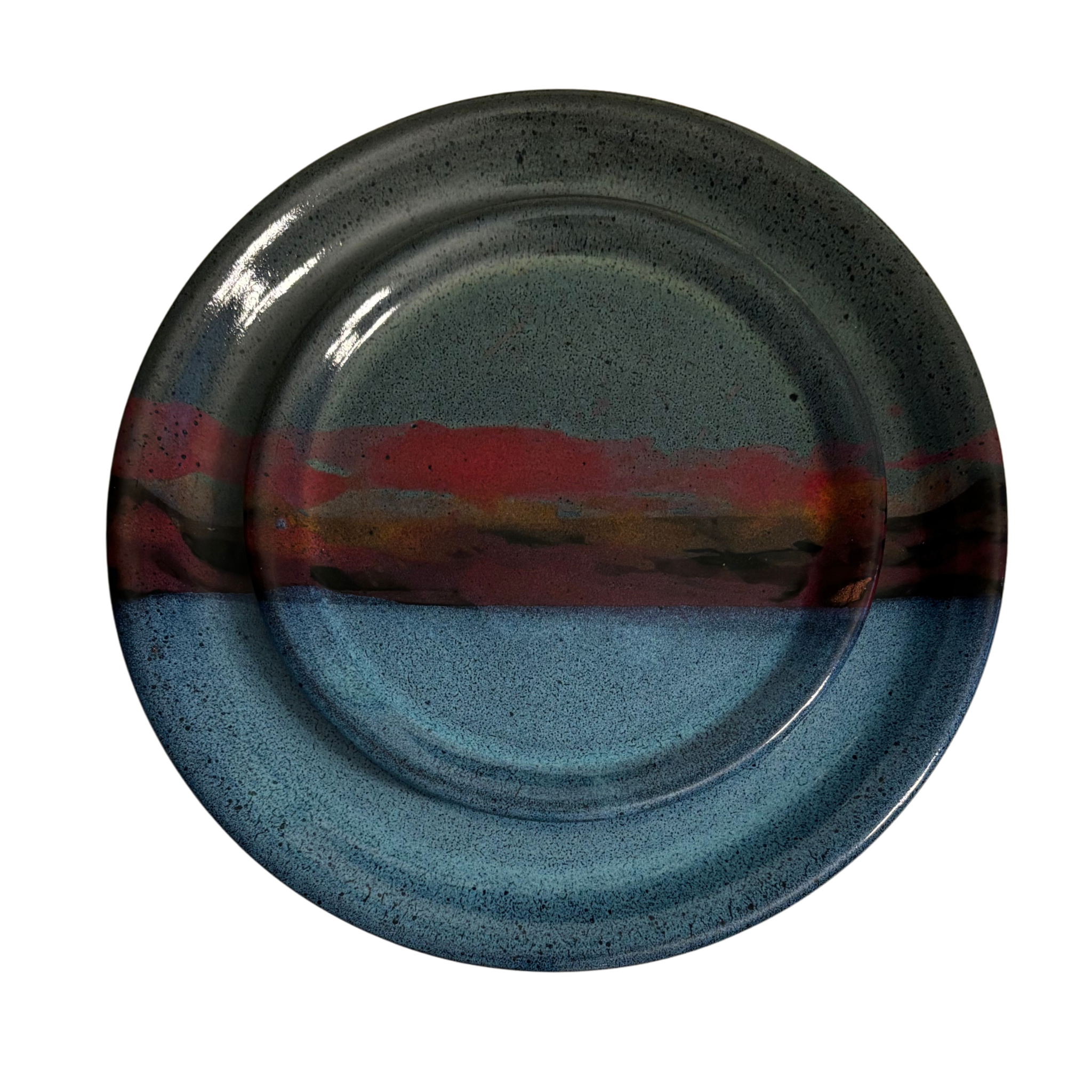 Mountain Dusk handmade ceramic dinner & salad plates with blue, red, and earthy glaze resembling mountain horizon.