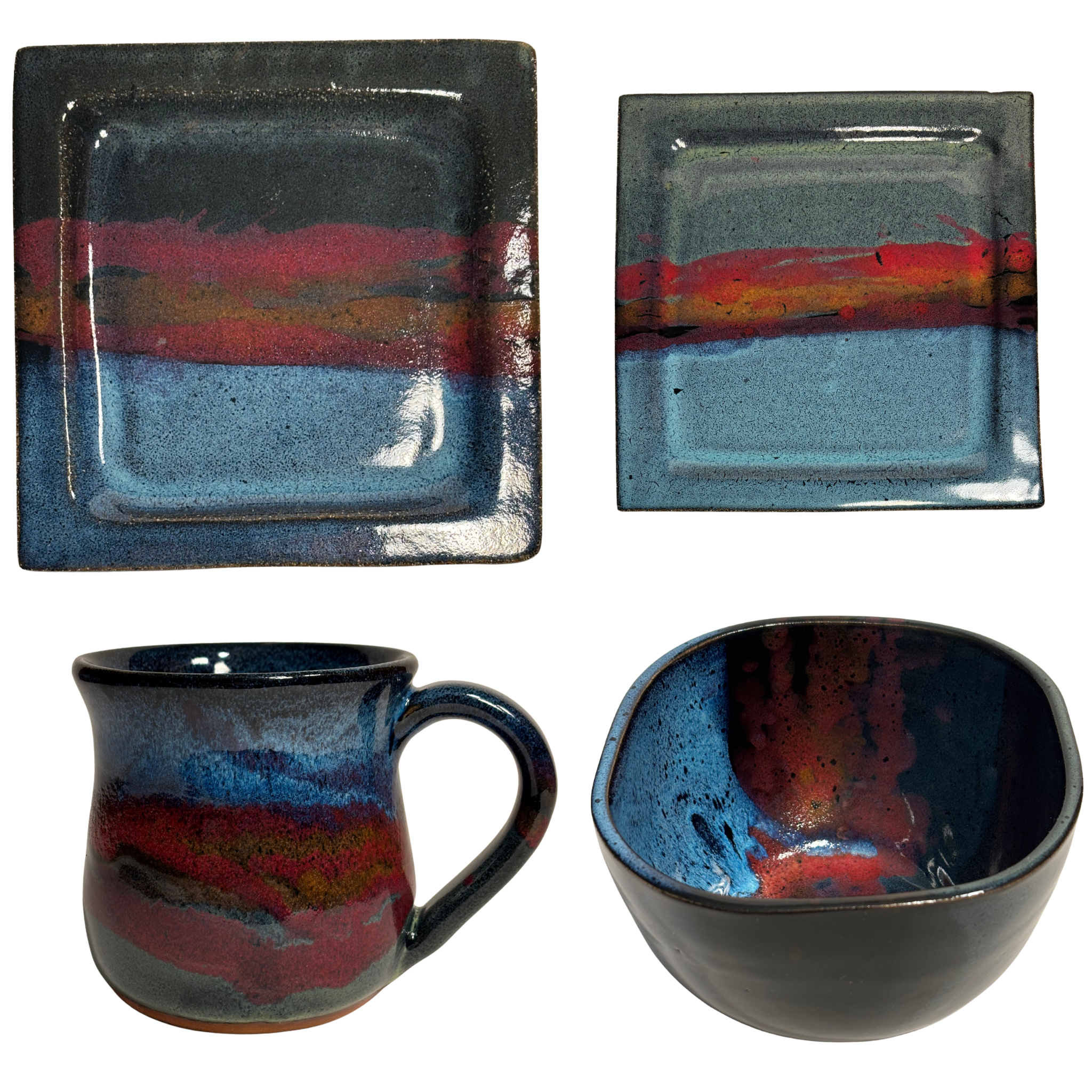 handmade set of ceramic plates, mug, and bowl with glaze that resembles mountain dusk.